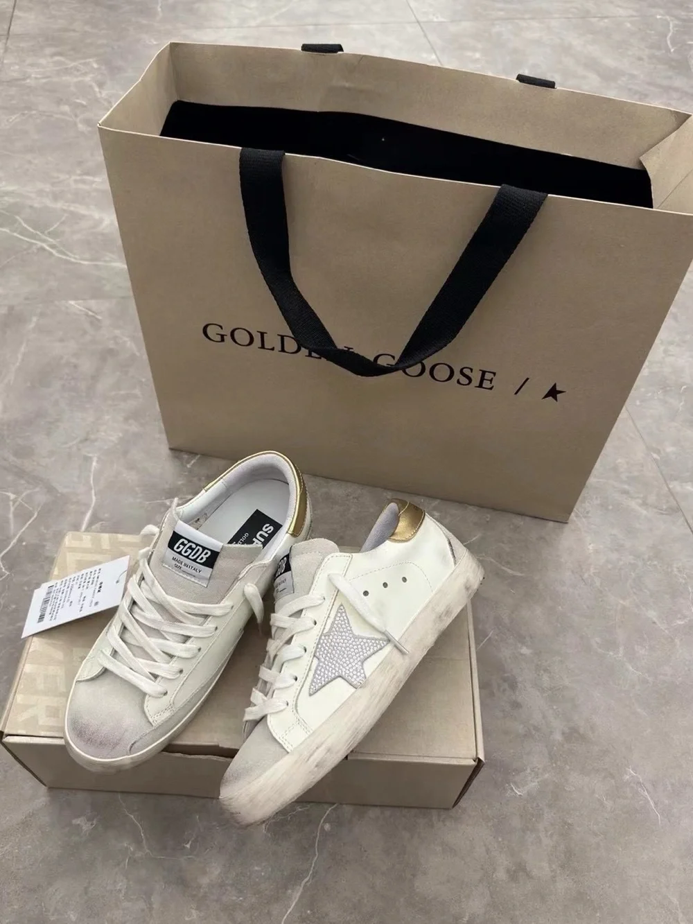 Golden Goose White Leather Sneakers with Gold Heel and Gray Star